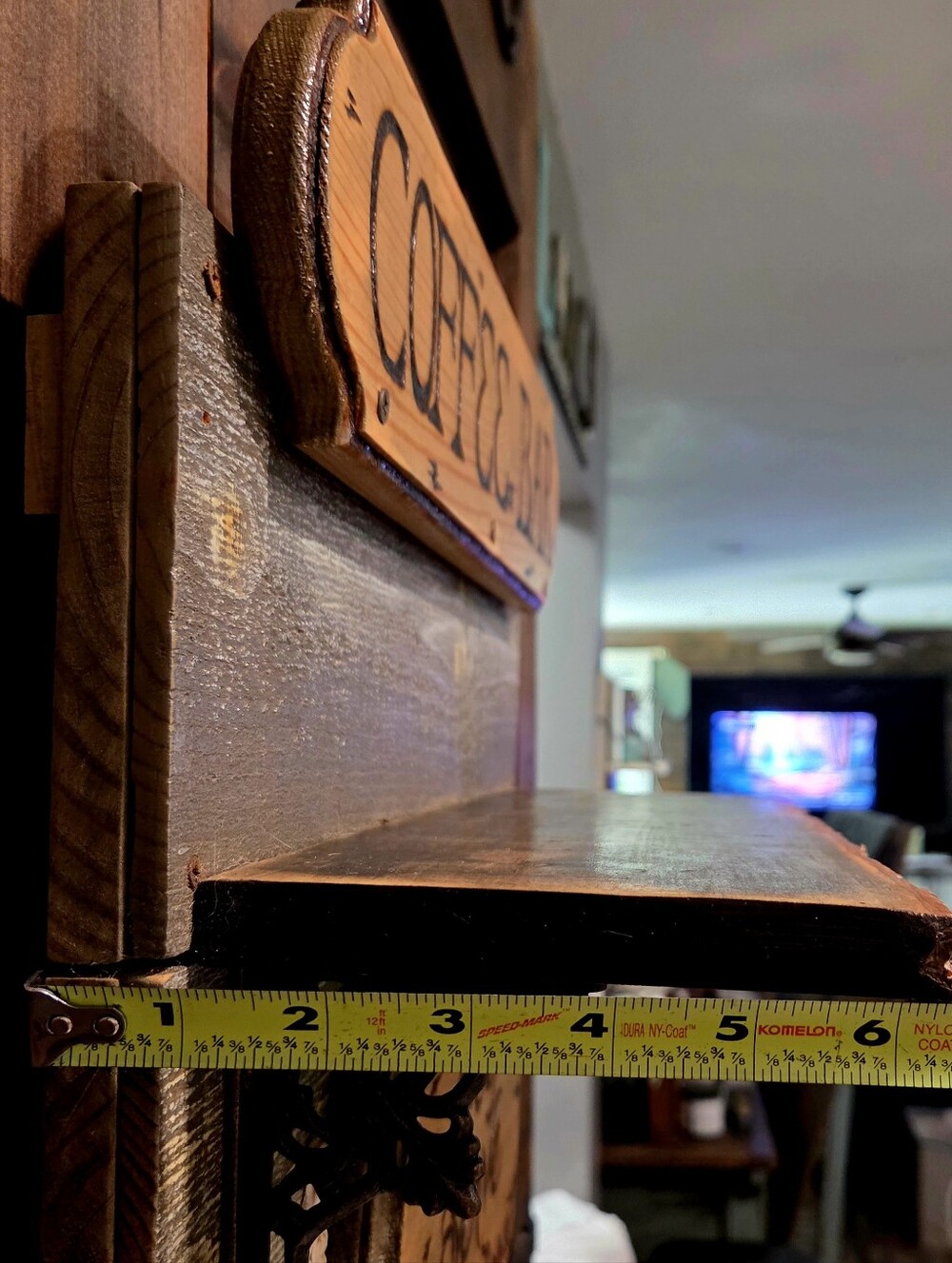 Handmade Rustic Coffee Bar Wall Decor With Hooks Along Bottom & Live Edge Shelf! - Picture 16 of 16